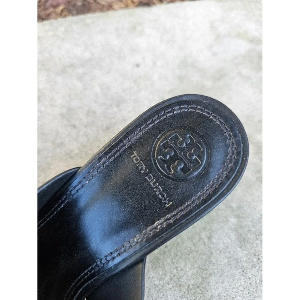 Tory Burch Crossover Leather Wedge Sandals Women 7M‎ Black Cork Slide Minimal ~